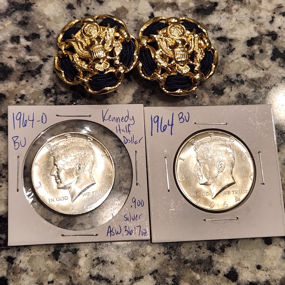 VINTAGE ESTATE EAGLE CLIP-ON EARRINGS & SHINY NEW 1964 JFK SILVER HALF DOLLARS